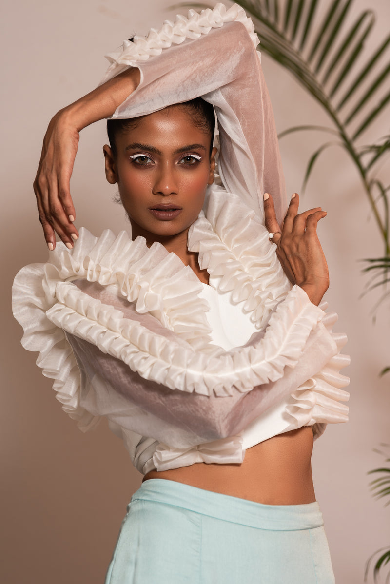 Organza pleated top paired with ruffle skirt