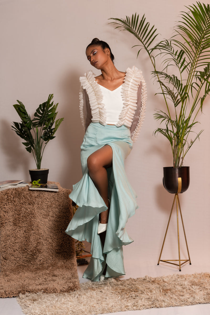 Organza pleated top paired with ruffle skirt