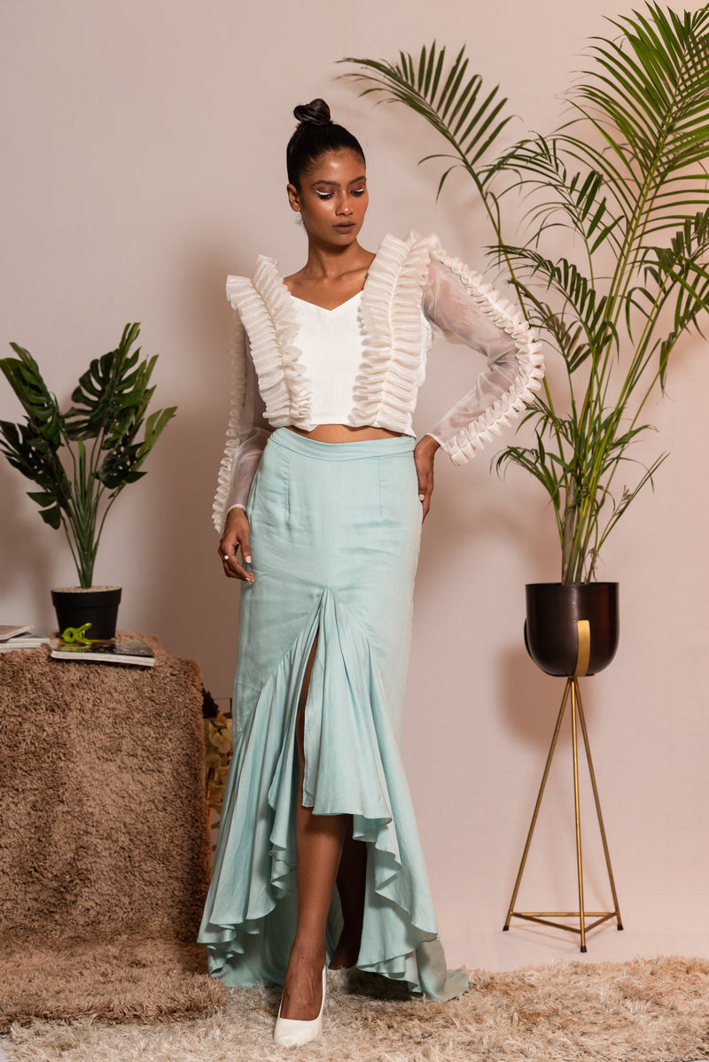 Organza pleated top paired with ruffle skirt