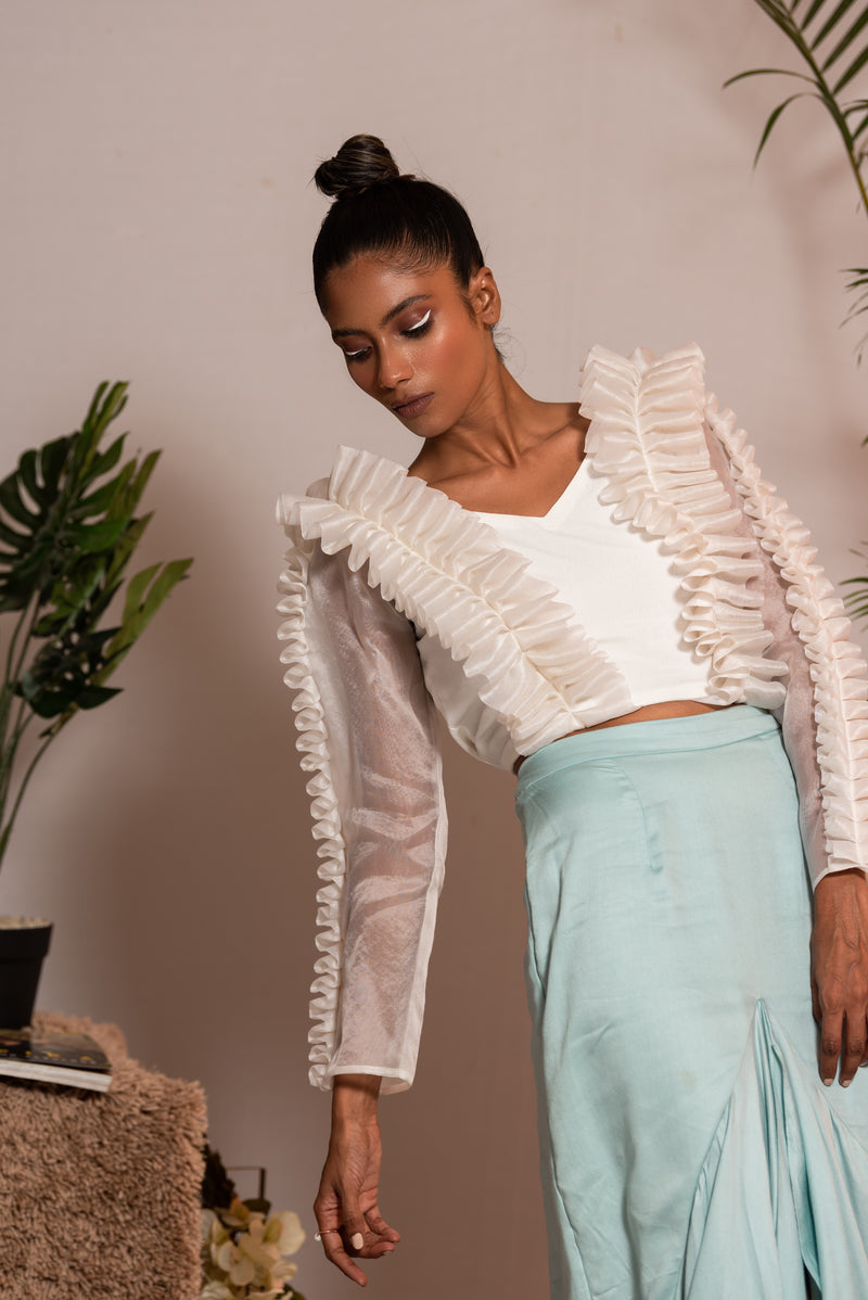 Organza pleated top paired with ruffle skirt
